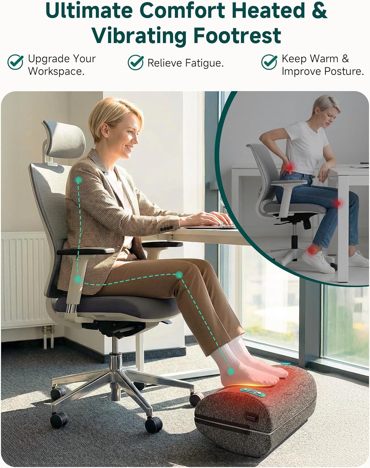 Vibration Foot Rest with Heat & Swing Function, Adjustable Ergonomic Footrest for Under Desk, 3 Graphene Heat Levels, 3 Massage Modes, Timer, Office & Home Relaxation Foot Stool
