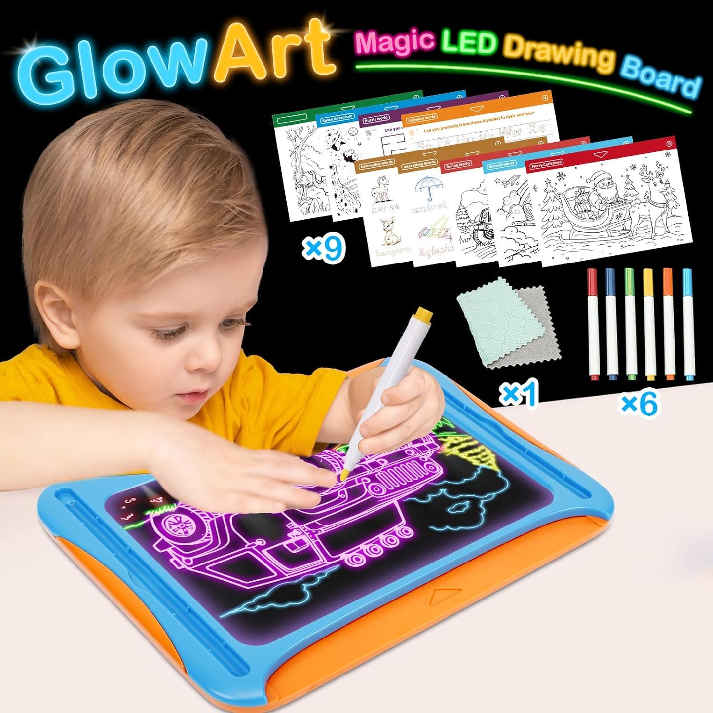 Magic LED Drawing Board for Kids, Girls Toys Age 6-8, Light Up Tracing Pad with 9 Double-Sided Cards, 6 Washable Markers, Arts & Crafts Kits Learning Toy Glow Up Doodle Board Christmas Birthday Gifts
