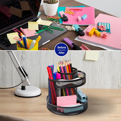 Comix 360° Rotating Pen Holder for Desk, 5 Compartments Office Desk Organizer, Black Mesh Metal Pencil Holder Cup for Office Home School