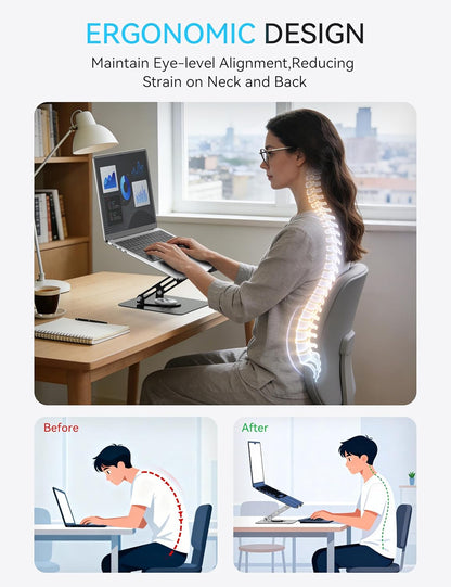 SOUNDANCE 360 Rotating Laptop Stand, Ergonomic Computer Riser for Desk, Adjustable Height Multi-Angle Metal Holder, Foldable Portable Notebook Elevating Base for Office & Home, White