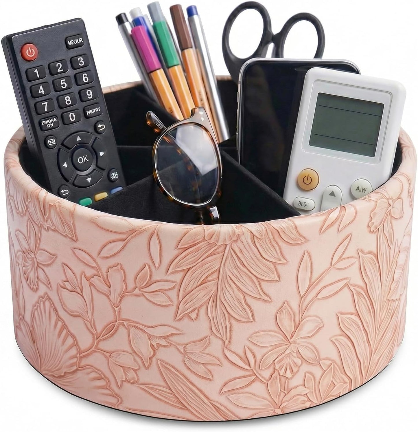 Round Leather Art Supply Organizer,Remote Control Holder,360 Degree Rotating,Multi-Functional Pencil Holder,4 Compartments Desktop Stationary Organizer(1-Fractal Flower) | Round - Colors B