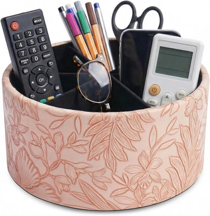 Round Leather Art Supply Organizer,Remote Control Holder,360 Degree Rotating,Multi-Functional Pencil Holder,4 Compartments Desktop Stationary Organizer(1-Fractal Flower) | Round - Colors B