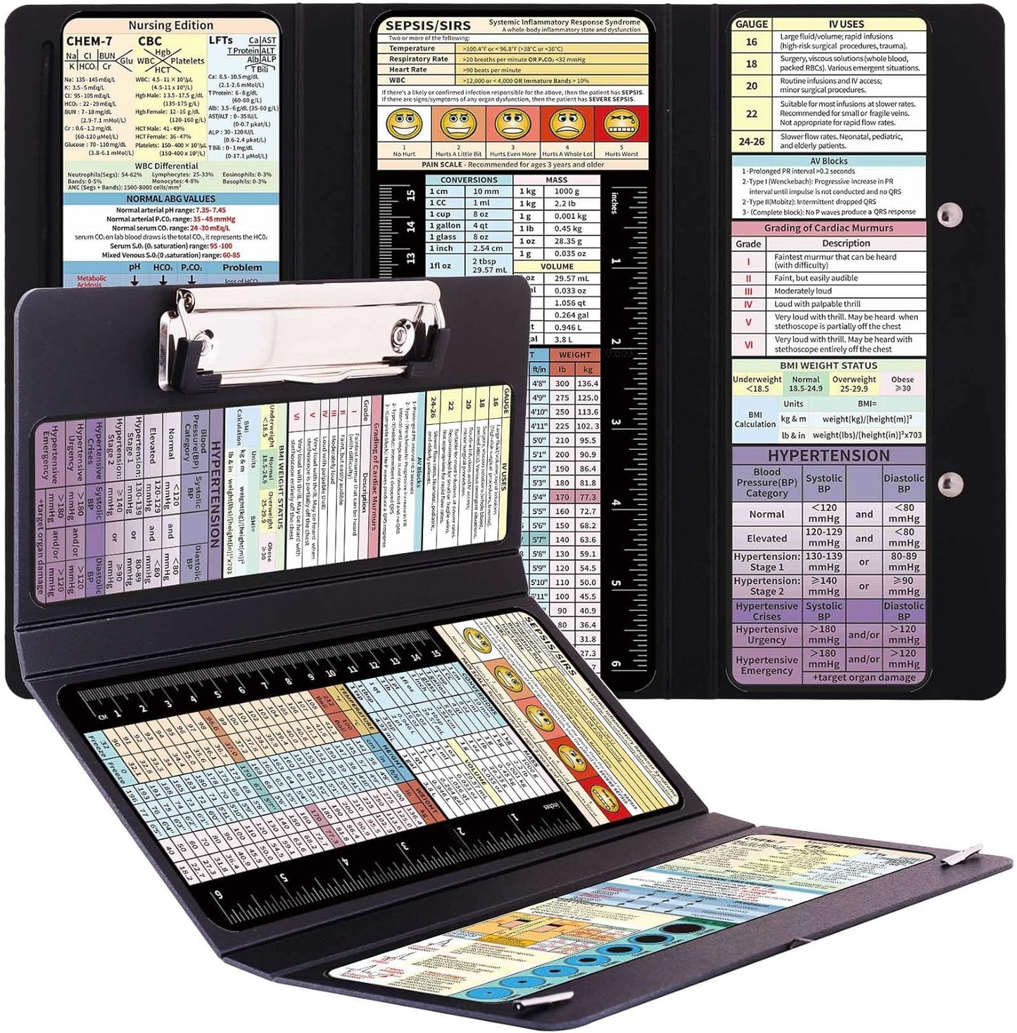 2 Packs Foldable Nursing Clipboard, Medical Edition Cheat Sheets, Nurse Accessories for Work, 3 Layers, Plastic, Black