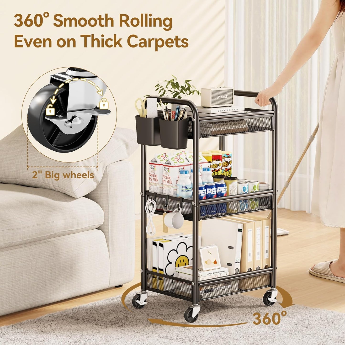 YASONIC 3 Tier Rolling Cart – Metal Utility Storage Carts with Wheels, Craft Carts Organizer with Hanging Cups, Hooks, Mesh Basket for Bedside Kitchen Office Art, Green