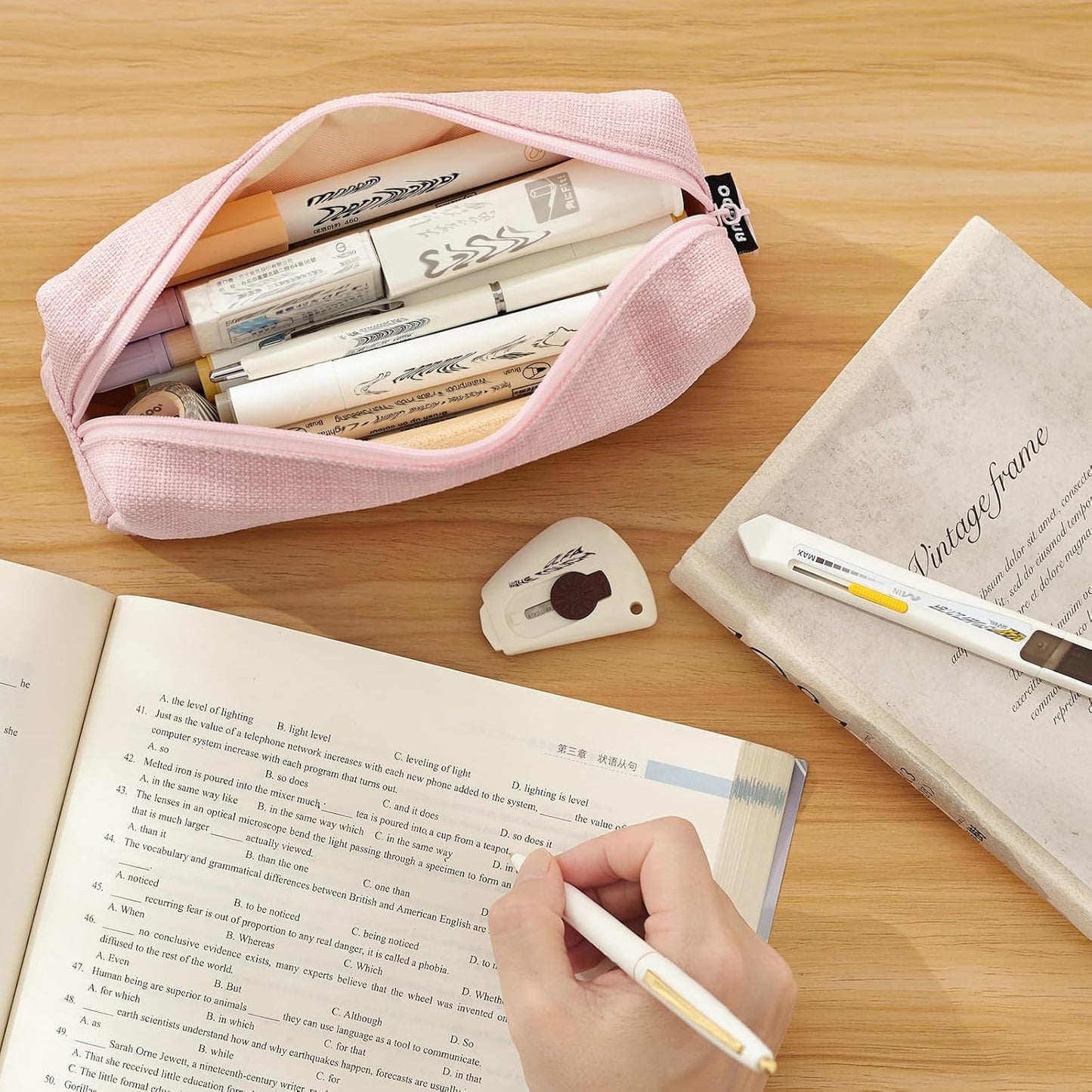 ANGOOBABY Small Pencil Case Student Pencil Pouch Coin Pouch Cosmetic Bag Office Stationery Organizer For Teen School-Beige