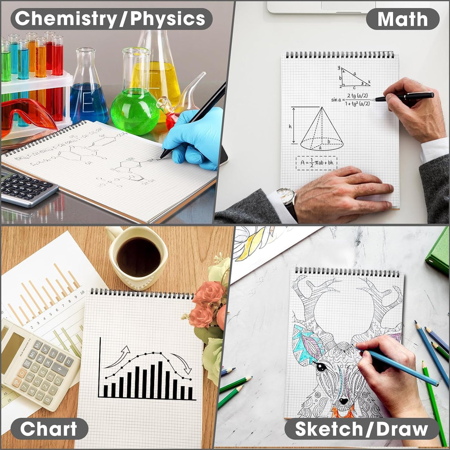 Engrowtic Top Spiral Graph Paper Notebooks 8.7 X11.4 Inch A4 Grid Paper Notepad 70 Sheet Memo Steno Pad for Engineering Writing Sketching Drawing School Office Supplies (1 Pack,Black)