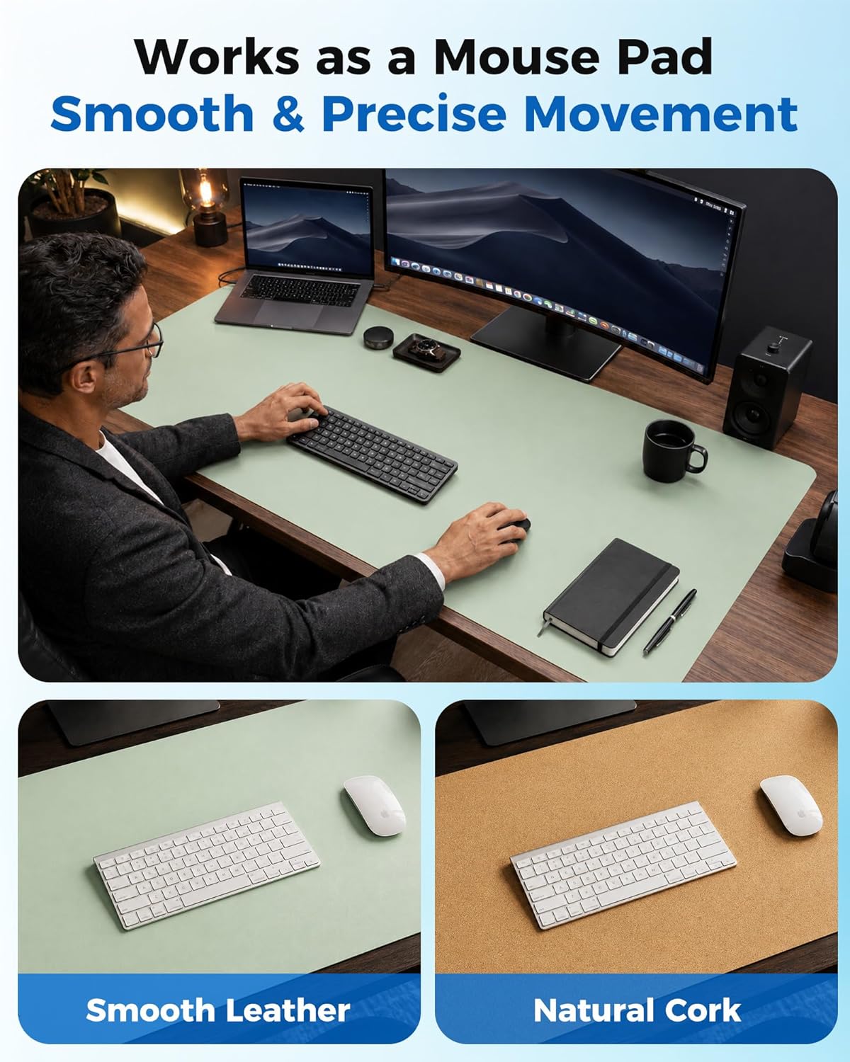 Aothia Dual-Sided Desk Pad - 25.6x13.7 inches Leather Desk Mat, Natural Cork Desk Pad Protector, Large Mouse Pad for Desk, Waterproof Desk Blotter Pad, Desk Writing Pad for Office Work/Home, Black