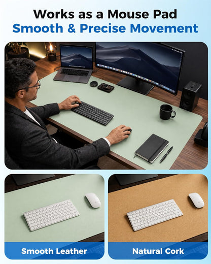 Aothia Dual-Sided Desk Pad - 25.6x13.7 inches Leather Desk Mat, Natural Cork Desk Pad Protector, Large Mouse Pad for Desk, Waterproof Desk Blotter Pad, Desk Writing Pad for Office Work/Home, Black