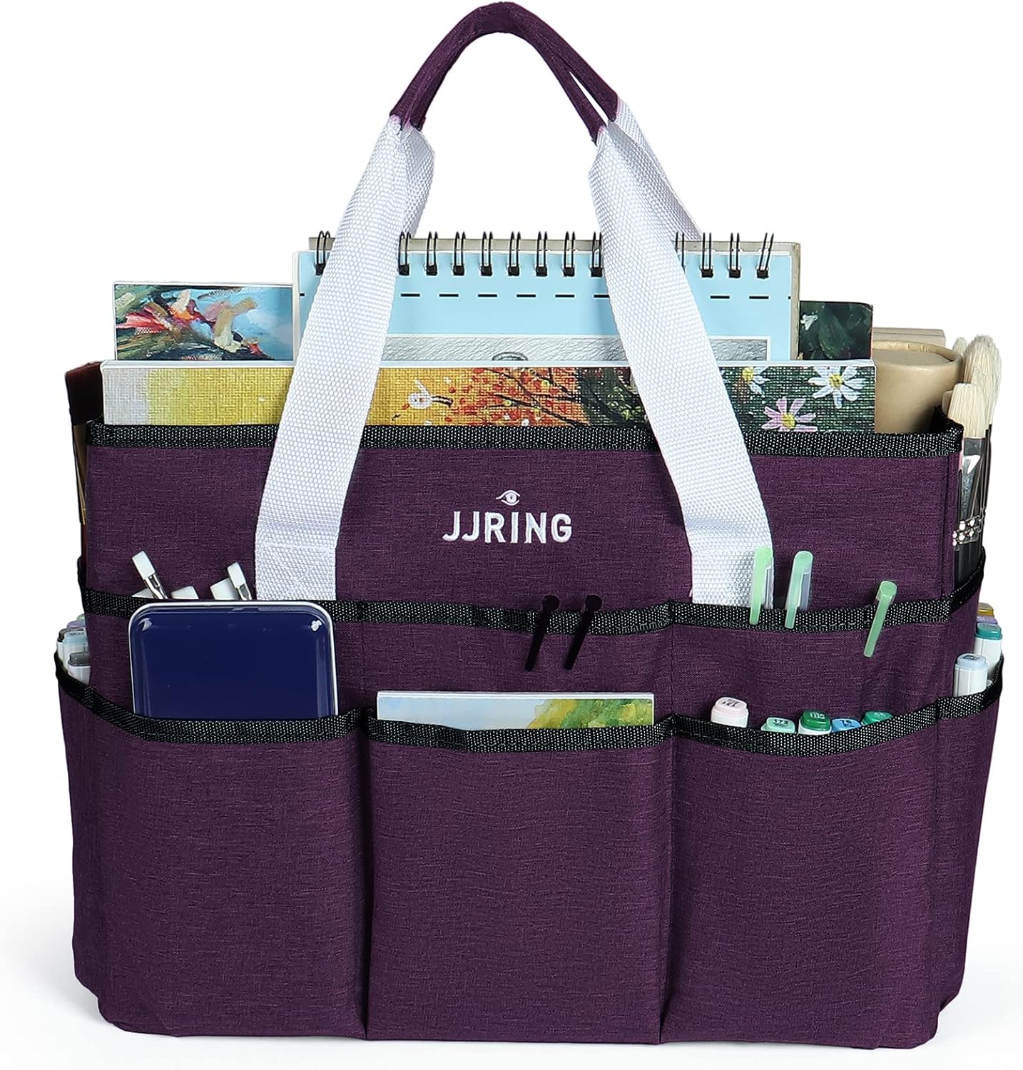 JJRING Craft Organizer Tote Bag for Art Storage, Caddy with Multiple Pockets, Bluish Green Sewing Bag for Scrapbooking, School, Medical, and Office Supplies