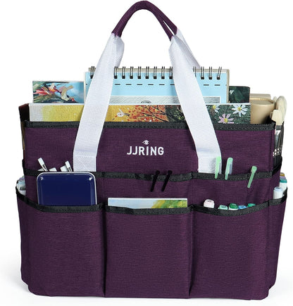 JJRING Craft Organizer Tote Bag for Art Storage, Caddy with Multiple Pockets, Bluish Green Sewing Bag for Scrapbooking, School, Medical, and Office Supplies