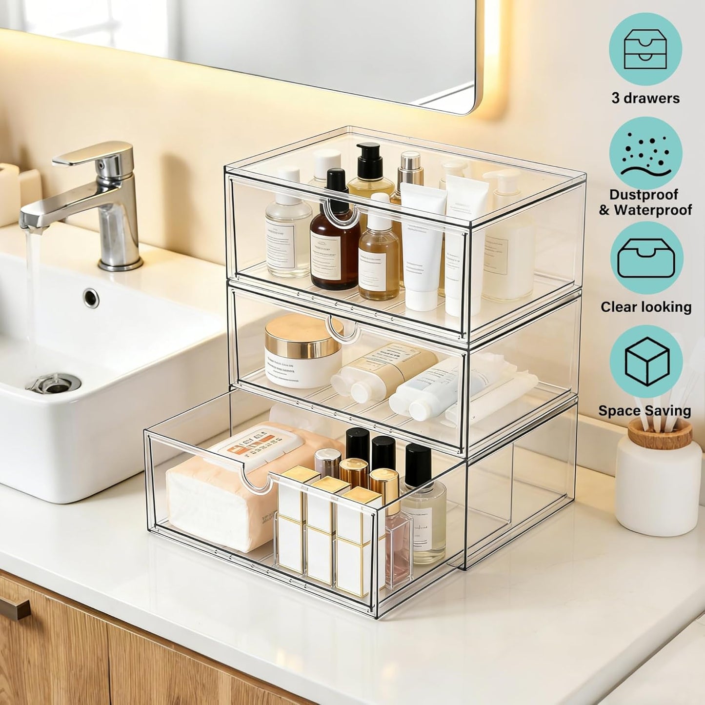 Prsildan Acrylic Drawer Makeup Organizer with 6 Drawers (Not for Baby Bottle), Set of 2 Office Desk Organizers Accessories, Clear Stackable Storage Drawers for Vanity, Craft (Largest Drawer 4" Tall)