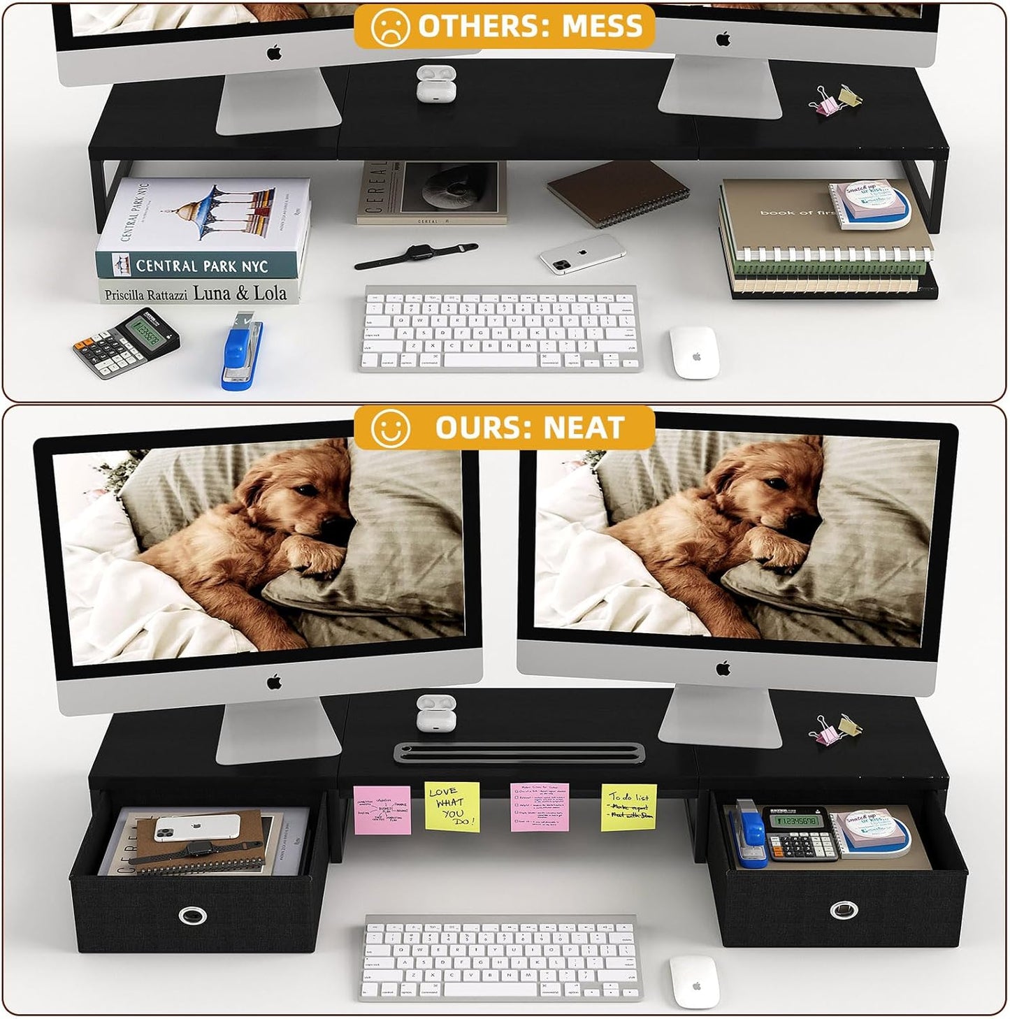 39 Inch Dual Monitor Stand Riser with 2 Drawers - Large White Wooden Computer Stand for 2 Monitors, Ergonomic Desk Organizer with Phone Holder, Desktop Storage for Laptop, Office Supplies, Home Office
