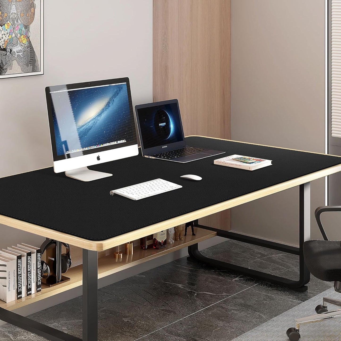 Vyaaa PU Leather & Cork Desk Mat, 39.4"x15.7" Dual Sided Computer Desk mat, Waterproof Large Mouse Pad, Non-Slip Office Desk pad, Office Desk Protector for Work/Gaming/Home (Black)