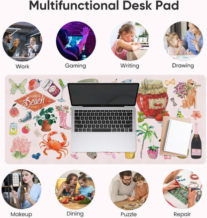 Pink Desk Mat, Leather Desk Pad Blotter Protector, XXL Large Mouse Pad,Computer Laptop Mouse Pads for Desktop,Waterproof Writing Anti-Slip Mousepad for Office and Home I Colorful Stickers