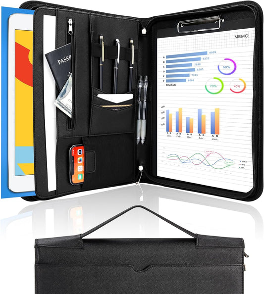 ProCase Portfolio Business Padfolio Folder with Zipper, Conference Meeting Executive File Legal Document Organizer with Pockets Letter Size A4 Writing Pad Notepad Padfolio -Black