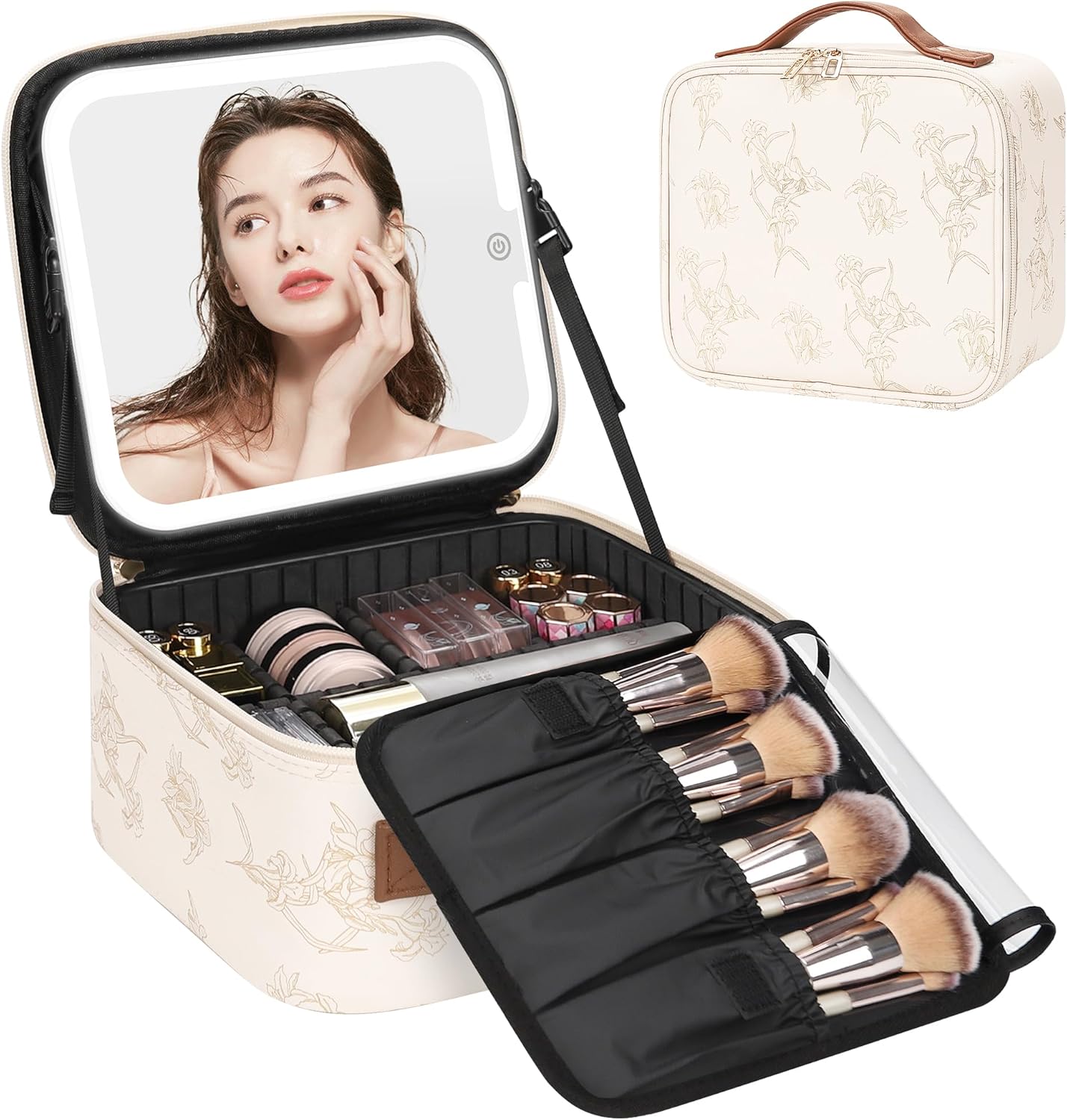 Relavel Travel Makeup Bag With LED Mirror, Cosmetic Train Case with Light up Mirror, Portable Makeup Artist Organizer Bag with Adjustable Dividers, Makeup Brush Holder Storage, Black