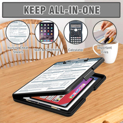 ANZNKU Clipboards with Storage, 13x9.6 Heavy Duty Nursing Clipboard Foldable, Plastic Storage Clipboard with Pen Holder, Cute Clip Board Folder for Teacher Nurse Work, School & Office Supplies(Black)