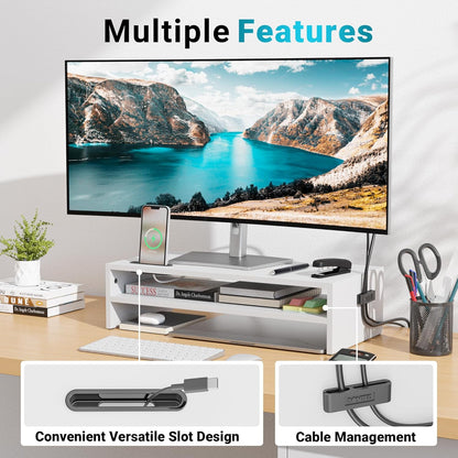 BONTEC Wooden Monitor Stand Riser for Desk, 2-Tier Computer Monitor Stand with Storage, 66 lbs Desk Shelf Organizer, Laptop & Printer Stand with Phone Holder and Cable Management, White, 16.5 Inch