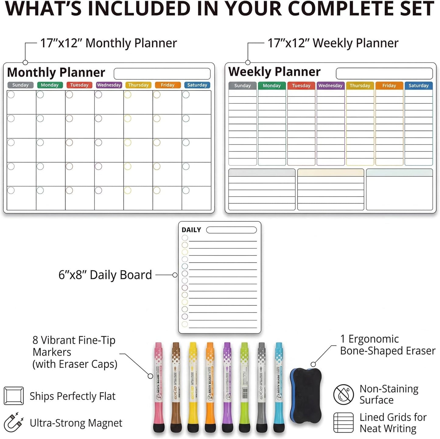 Magnetic Calendar for Refrigerator (3-Pack, Ships Flat) - 17"x12" Monthly, Weekly & Daily Planner with Lined Grids - Nano-Tech Dry Erase Board Fridge Whiteboard, 8 Markers & Eraser