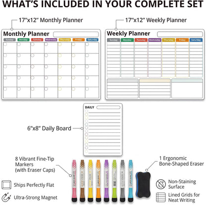 Magnetic Calendar for Refrigerator (3-Pack, Ships Flat) - 17"x12" Monthly, Weekly & Daily Planner with Lined Grids - Nano-Tech Dry Erase Board Fridge Whiteboard, 8 Markers & Eraser
