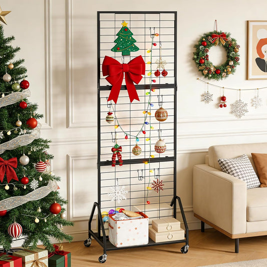 ELYKEN Foldable Grid Wall Panels 5.7' x 2' FT, Movable Wire Gridwall Display Rack with Wheels and Adjustable Foots, Retail Display Stand for Vendor with Storage (Rustic Brown)