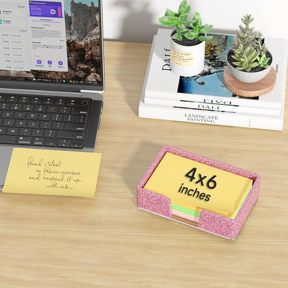 Sticky Note Holder, Glitter Pink Acrylic Notepad Holder 3x3 in Self-Stick Note Dispenser Office Desk Accessories, Memo Pad Holder Organizer for Classroom School Supplies