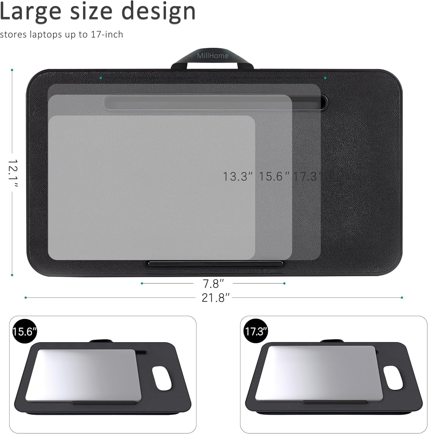Lap Desk with Cushion, Fits up to 17 inch Laptop, Pillow Designed, Portable Laptop Stand with Tray, Pad & Phone Holder, Home Office for Bed/Couch/Car/Reading/Writing,MillHome (Black)
