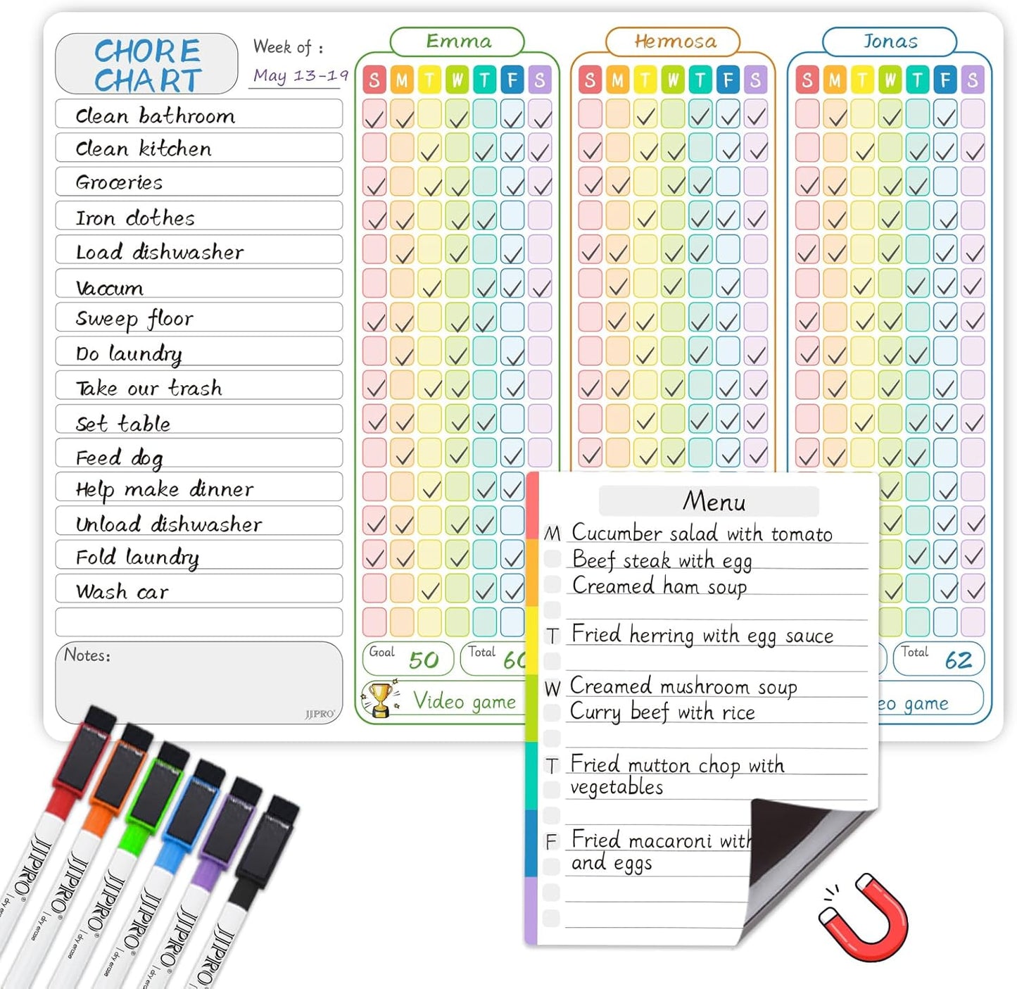 JJPRO Magnetic Dry Erase Chore Chart for Adults:Large Whiteboard16 x19-Chore Chart,Calendar,Meal Board Notes All-in-One,Behavior Chart,Teenagers,White