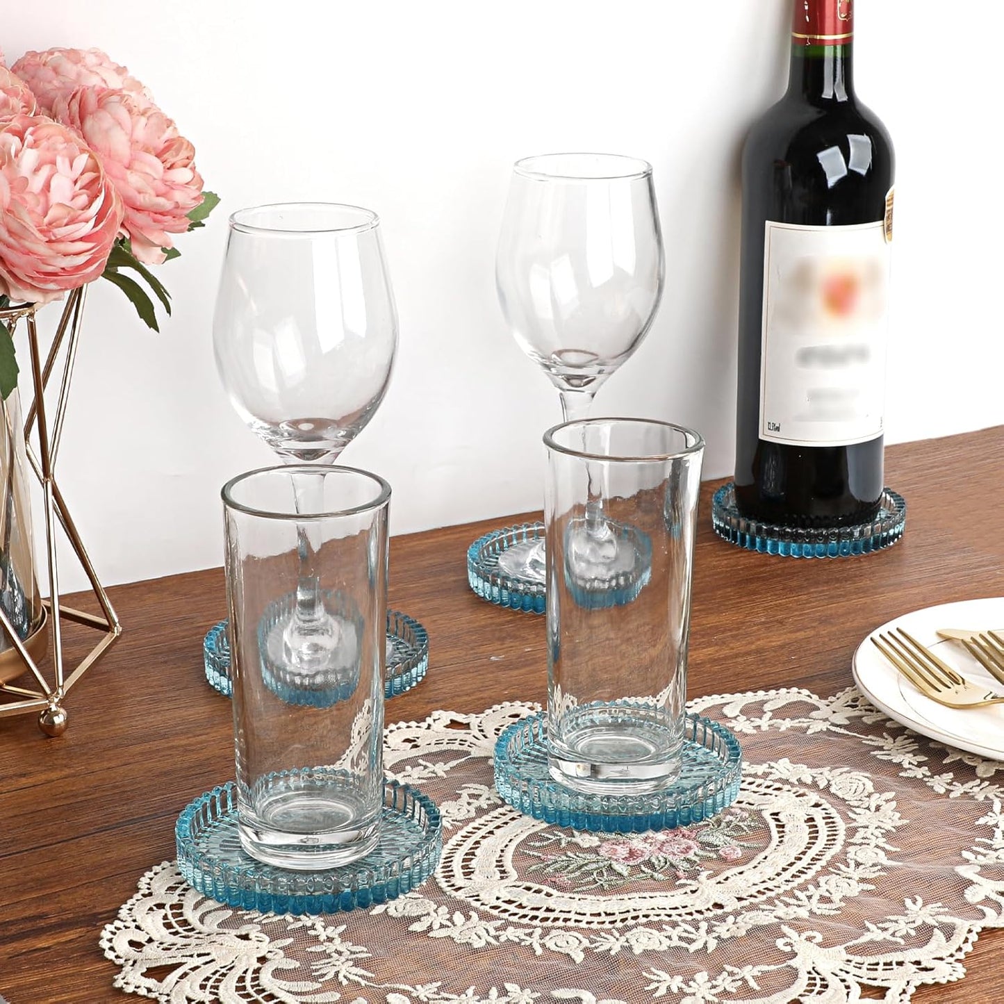 Modern Clear Coasters Set of 5- Glass Cute Coasters for Drinks Crystal Coaster Round Chic Cup Mat Cute Coffee Table Coaster for Kitchen, Bar, Dining Room, Living Room, Patio(Amber)