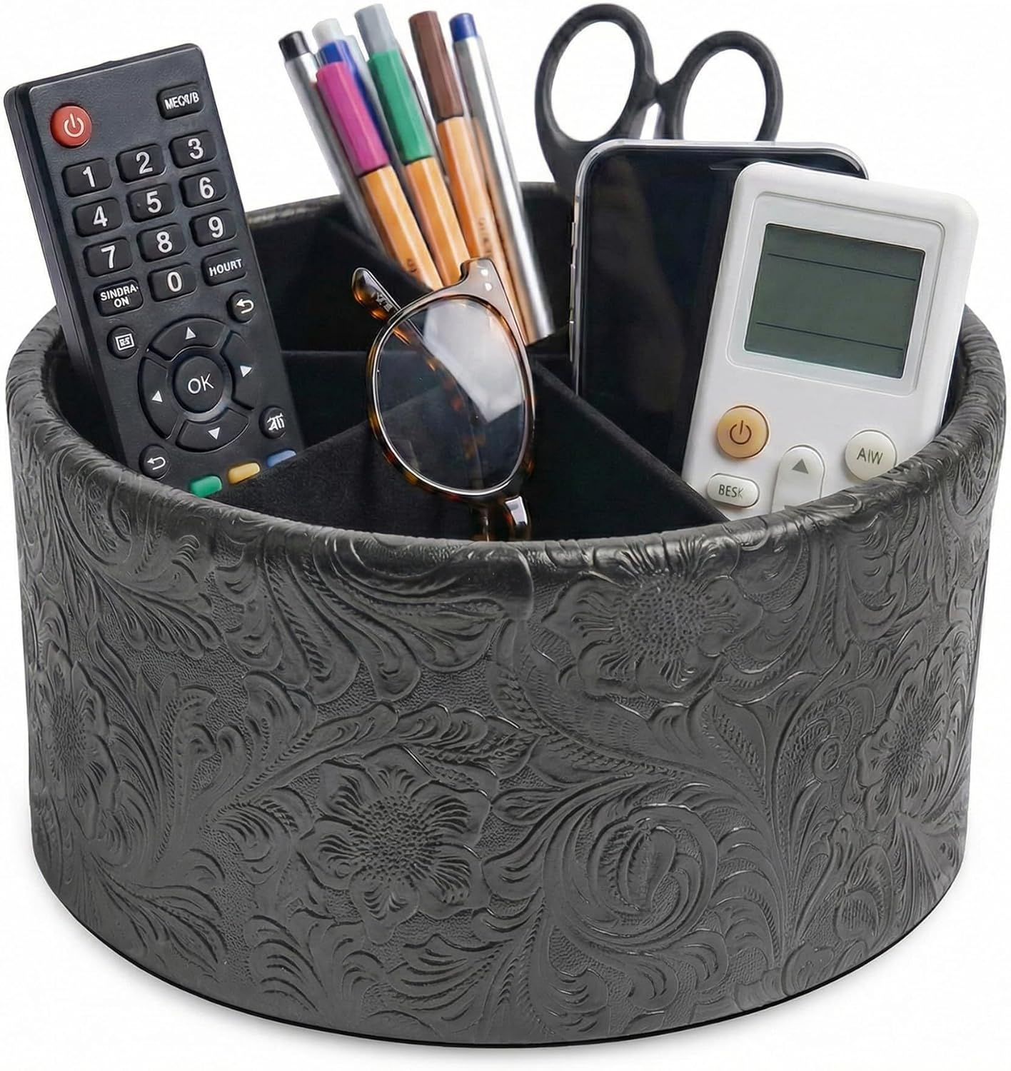 Round Leather Art Supply Organizer,Remote Control Holder,360 Degree Rotating,Multi-Functional Pencil Holder,4 Compartments Desktop Stationary Organizer(1-Fractal Flower) | Round - Colors C
