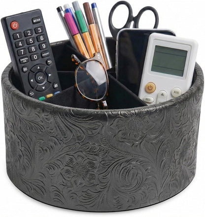 Round Leather Art Supply Organizer,Remote Control Holder,360 Degree Rotating,Multi-Functional Pencil Holder,4 Compartments Desktop Stationary Organizer(1-Fractal Flower) | Round - Colors C