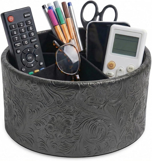 Round Leather Art Supply Organizer,Remote Control Holder,360 Degree Rotating,Multi-Functional Pencil Holder,4 Compartments Desktop Stationary Organizer(1-Fractal Flower) | Round - Colors C