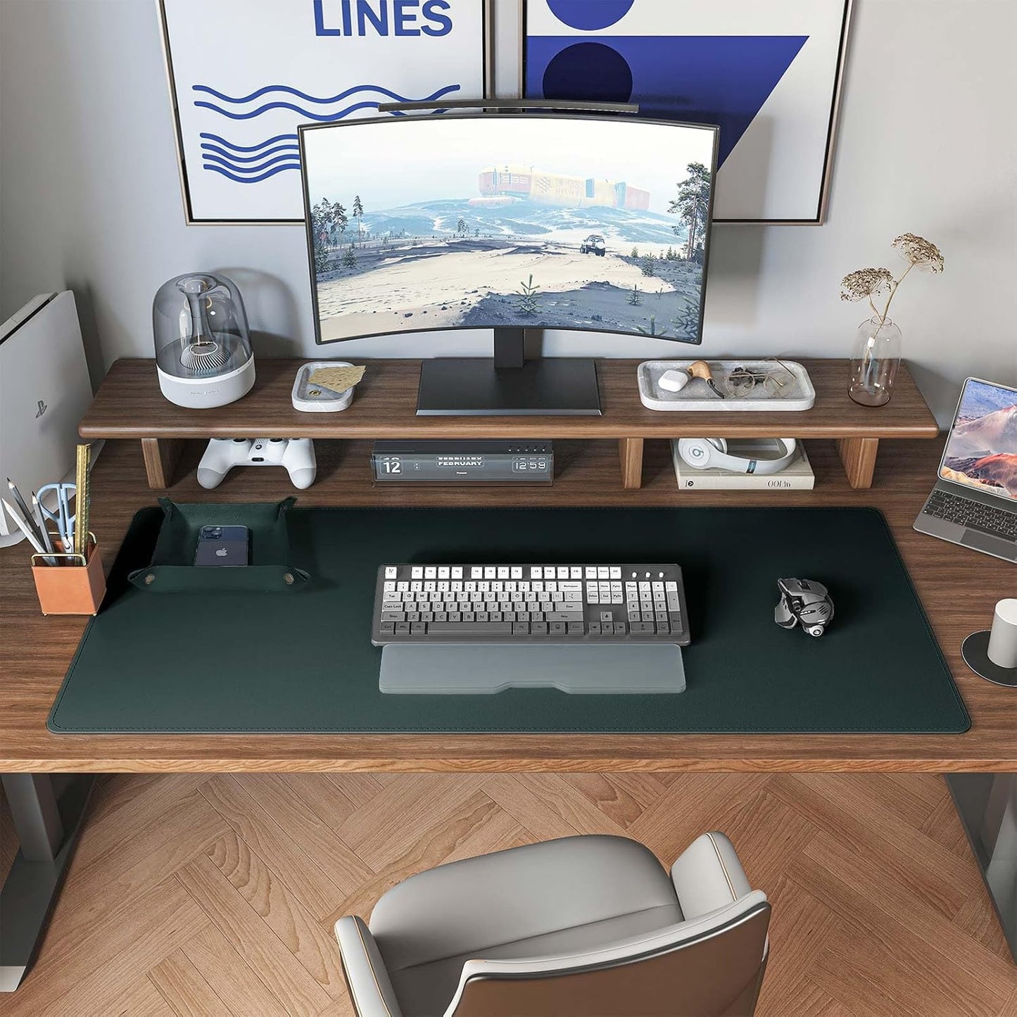 DAWNTREES Dual Sided Desk Mat,Leather Desk Pad,Brown 40"x16",Cork Desk Mat Protector,with PU Leather Valet Tray Organizer,Large Mouse Pad,Desk Writing Pad for Office and Home