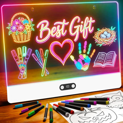 Rechargeable LED Drawing Board for Kids, 16" Light Up Acrylic Dry Erase Led Note Board with Stand, 11 Light Effects Drawing Tablet, Birthday Holiday Toy Gifts for Kids, 12 Markers (White)