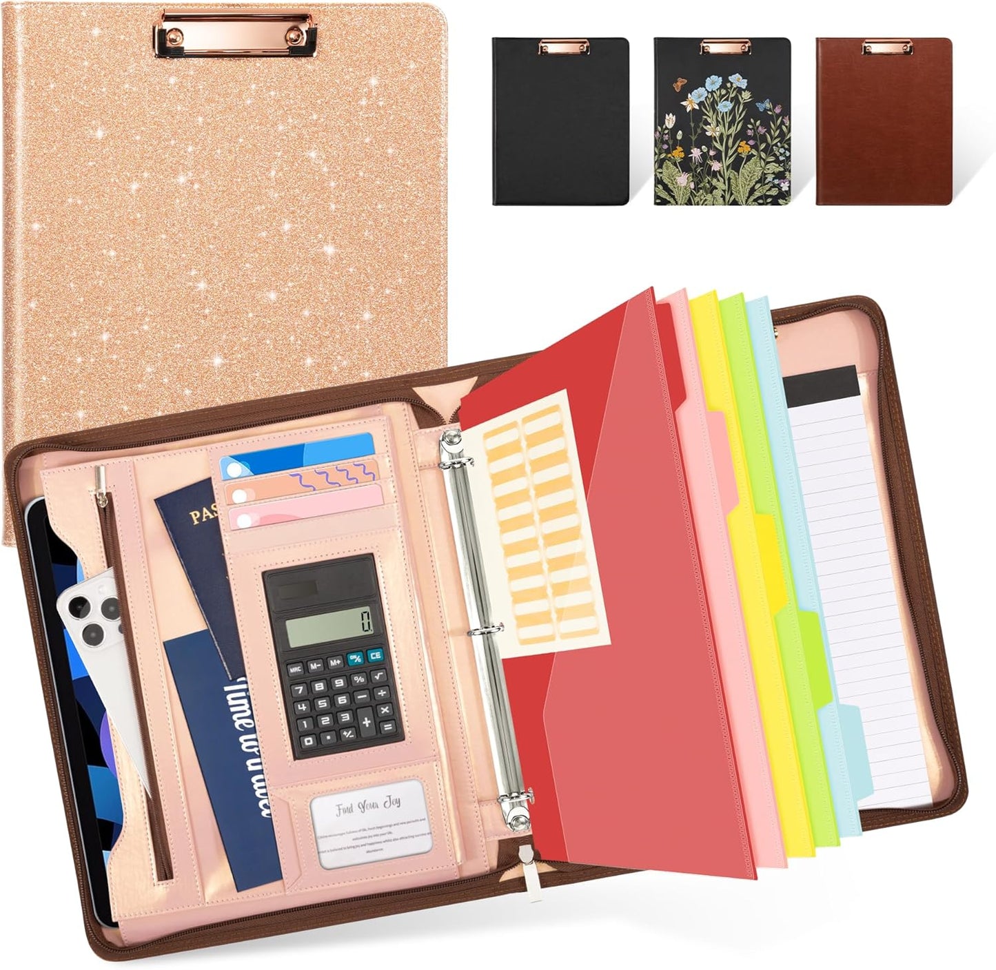 Ospelelf Zippered Padfolio Portfolio Folder, Leather Clipboard with Storage, 3 Ring Binder 1 Inch,12.1” Tablet Sleeve, 5 Dividers with Pocket, Refillable Notepad, Card Slot (Classic Black)