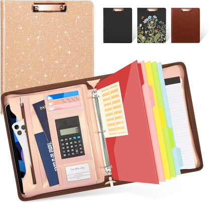 Ospelelf Zippered Padfolio Portfolio Folder, Leather Clipboard with Storage, 3 Ring Binder 1 Inch,12.1” Tablet Sleeve, 5 Dividers with Pocket, Refillable Notepad, Card Slot (Classic Black)