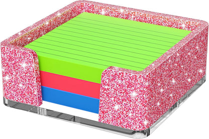 Sticky Note Holder, Glitter Pink Acrylic Notepad Holder 3x3 in Self-Stick Note Dispenser Office Desk Accessories, Memo Pad Holder Organizer for Classroom School Supplies