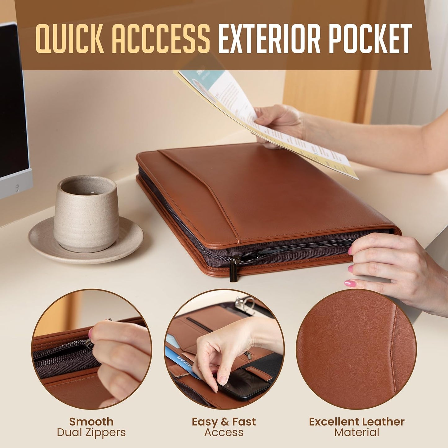 STYLIO Zipper Padfolio Portfolio Binder Organizer | Faux Leather Portfolio for Resume, Documents, Phone, Tablet, Business Supplies and Cards | Notebook Organizer with Letter Sized Notepad Included