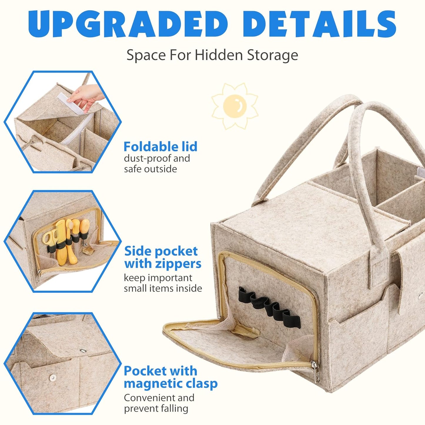 Maliton Baby Diaper Caddy Organizer for Changing Table, Nursery Storage Bin Basket with Handle, Felt Diaper Organizer Suitable for Indoor Outdoor (Khaki)