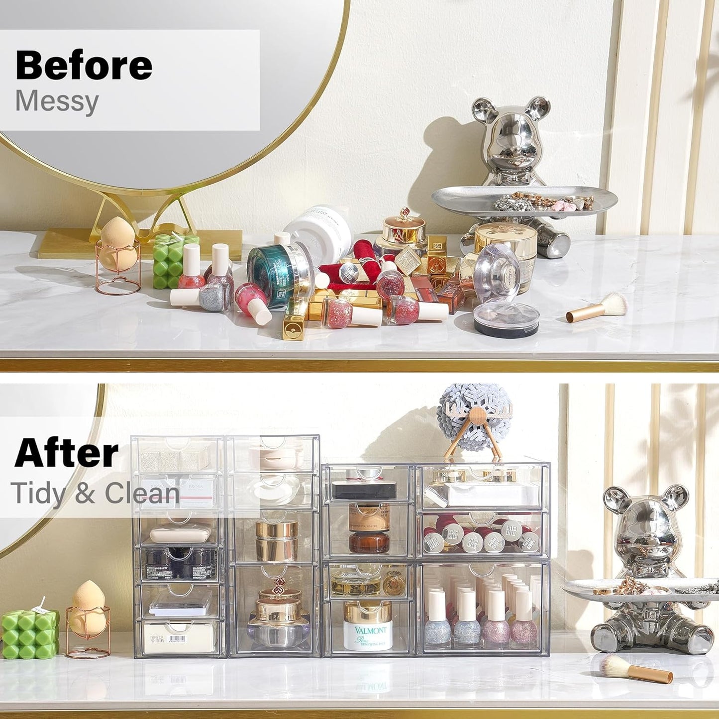Prsildan Acrylic Drawer Makeup Organizer with 6 Drawers (Not for Baby Bottle), Set of 2 Office Desk Organizers Accessories, Clear Stackable Storage Drawers for Vanity, Craft (Largest Drawer 4" Tall)