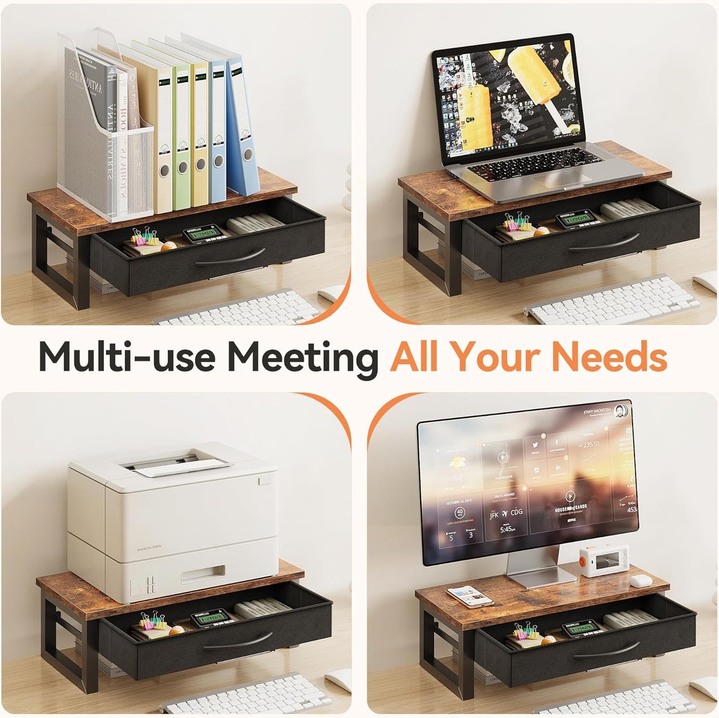 Computer Monitor Stand Riser, Desk Organizers and Accessories with Drawer, 2-Tier Laptop Stand for Desk, Office Organizer Storage, Wood