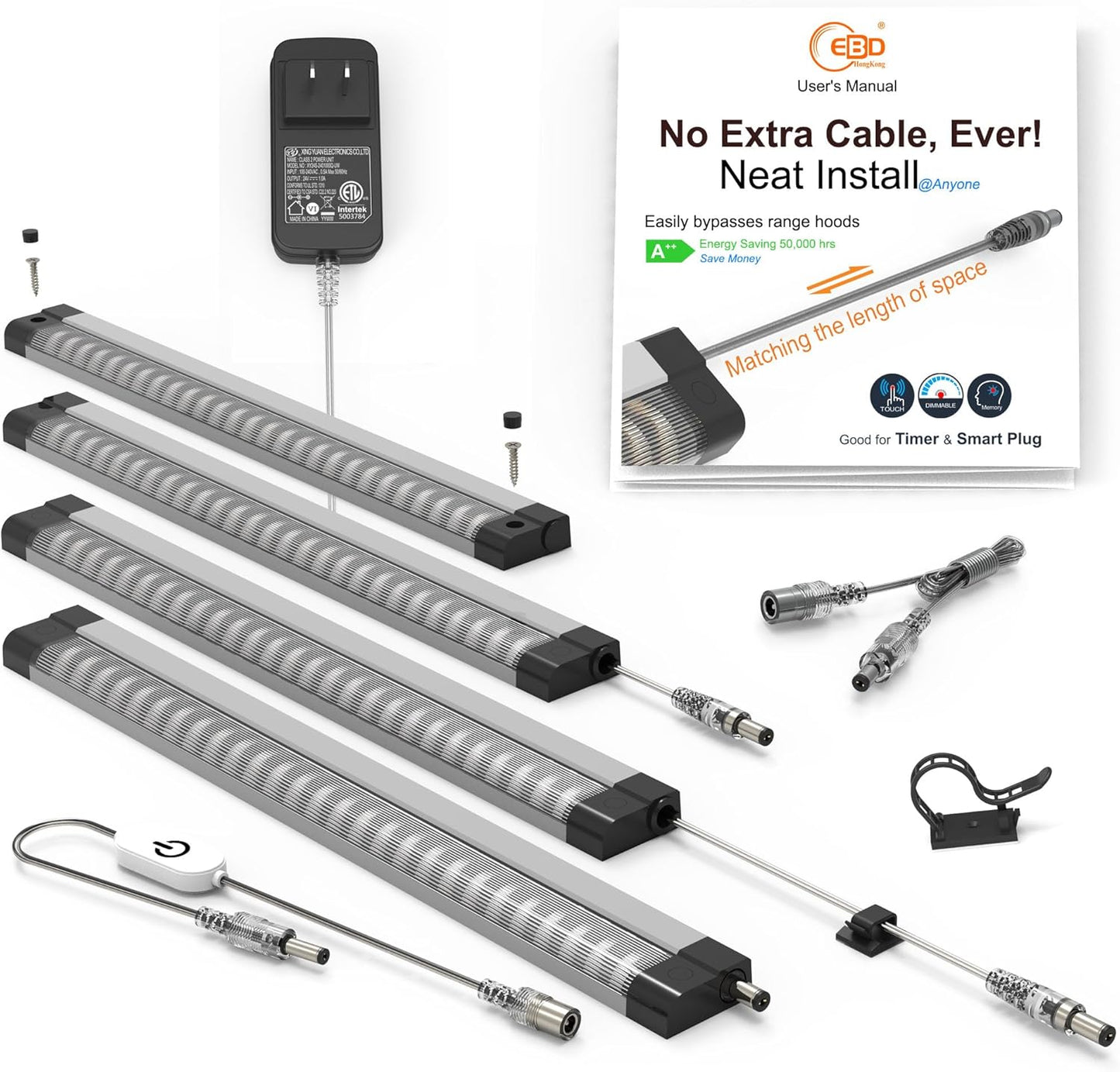 EBD LED Light Bar Built-in Adjustable Cable 12 Pcs Corner Input Under-Counter Light fixtures Work Bench linkable Touch Lights 3000K 5400 Lm Super Bright for Pantry Garage Shelves Closet Shelf