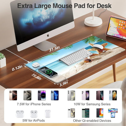 Wireless Charging Mouse Pad with Foldable Phone Holder, 31.5"x15.8" Large Desk Mat for Laptop/Keyboard, Waterproof Ultra-Smooth Surface, Non-Slip Base, Black