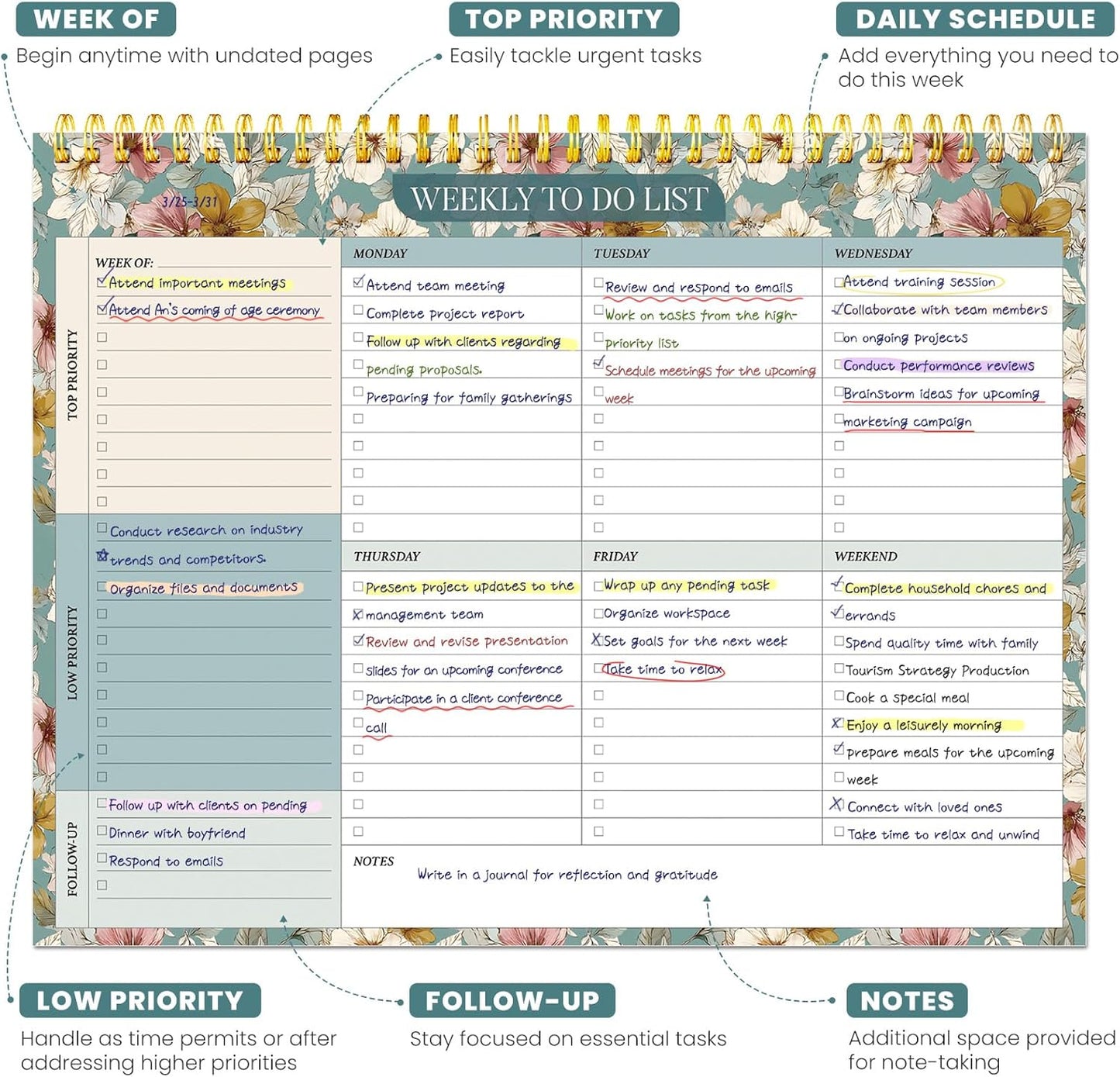 Weekly To Do List Notepad with 52 Undated Sheets（8.5"×11"）- Undated Weekly Planner Notepad for Office Desk Accessories and Supplies - Midnight Lilac