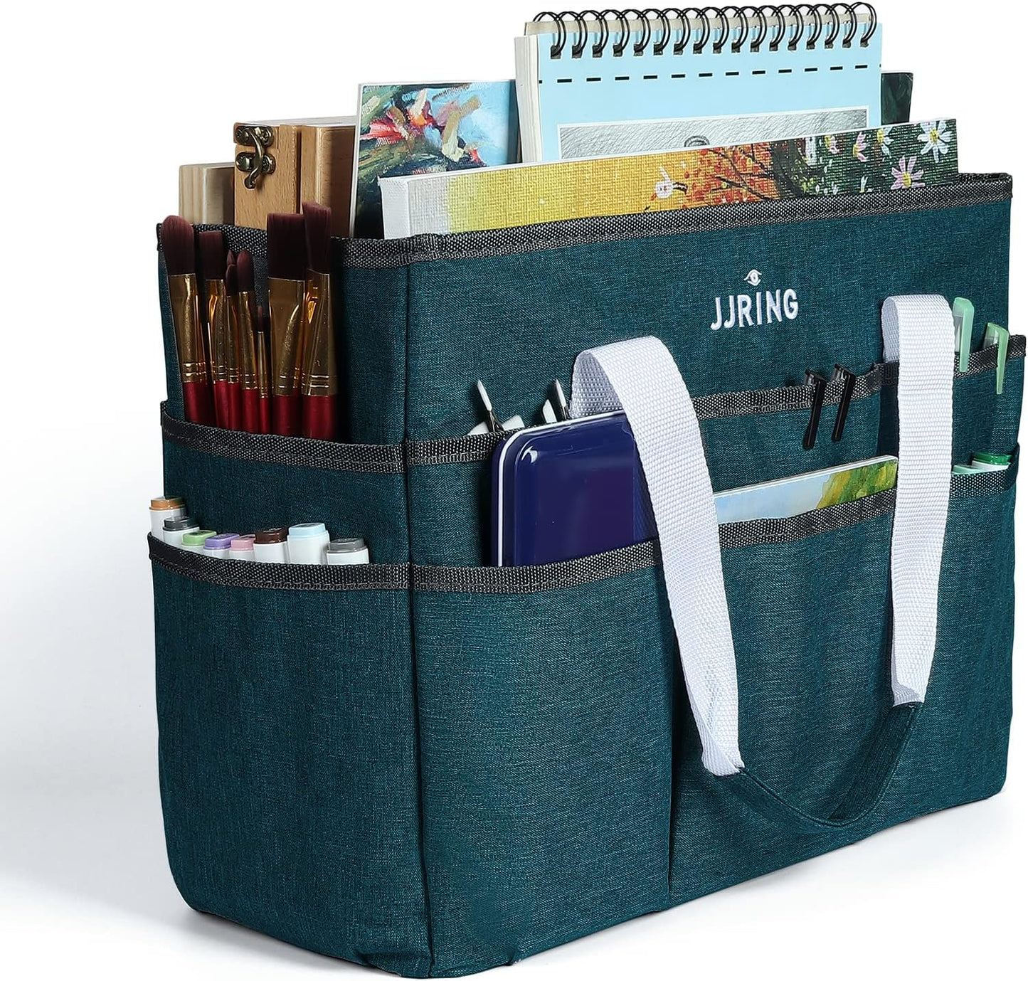 JJRING Craft Organizer Tote Bag for Art Storage, Caddy with Multiple Pockets, Bluish Green Sewing Bag for Scrapbooking, School, Medical, and Office Supplies
