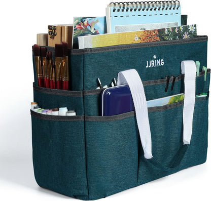 JJRING Craft Organizer Tote Bag for Art Storage, Caddy with Multiple Pockets, Bluish Green Sewing Bag for Scrapbooking, School, Medical, and Office Supplies