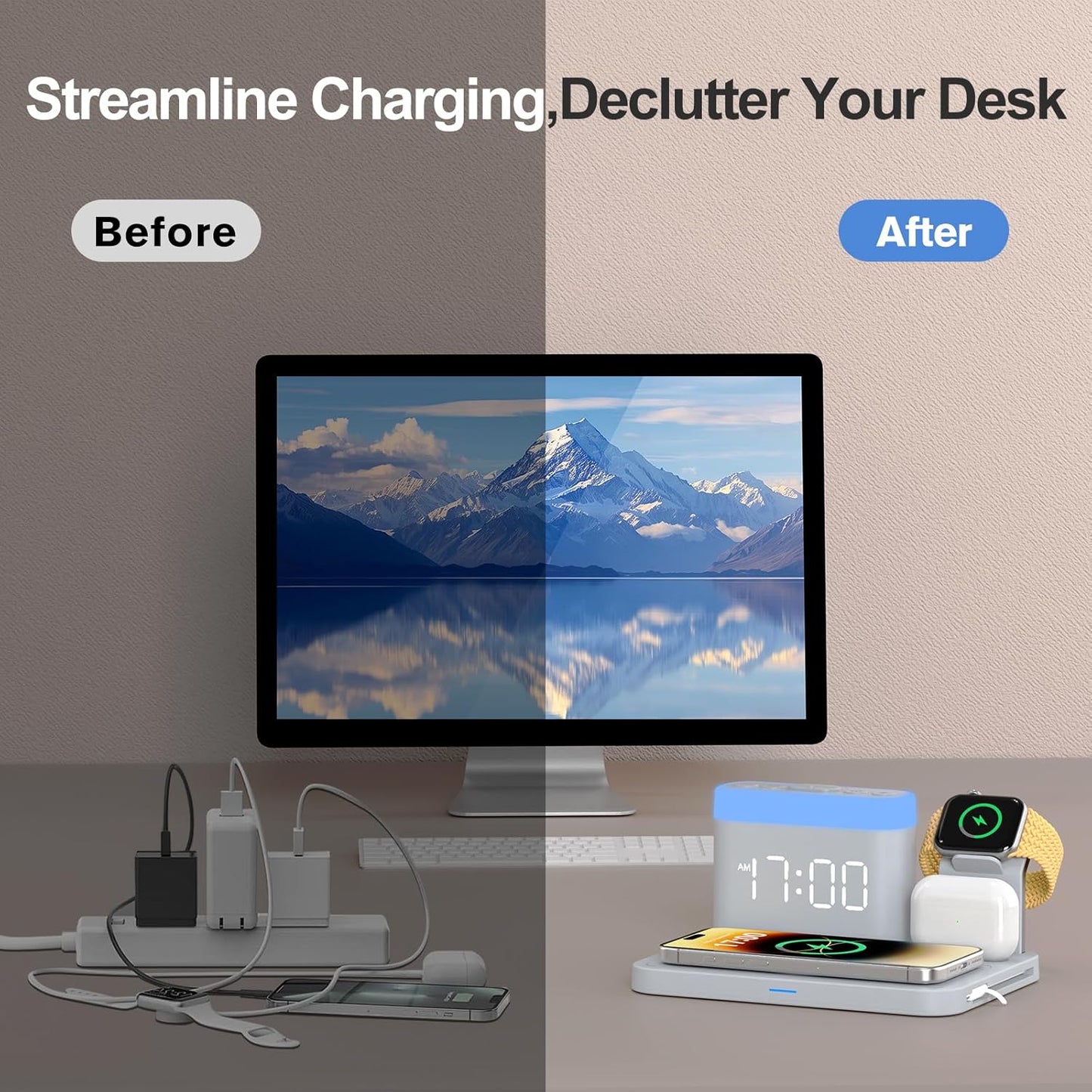 ANJANK Wireless Charging Station,5 in 1 Multiple Charger Stand with Alarm Clock,7 Night Light,Magnetic Charging Dock for iPhone 17 16 15 14 13 12 Pro Max Plus,Apple Watch 11/10/9/8,for Airpods,Bedroom