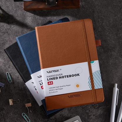 NIRMIRO 3 Pack Pocket Notebook Journals, Small Notepad Notebooks for Note Taking, A6 Mini Note pads with Pen Holder, 408 Lined Pages, 3.7" x 5.7", Black, Brown, Blue