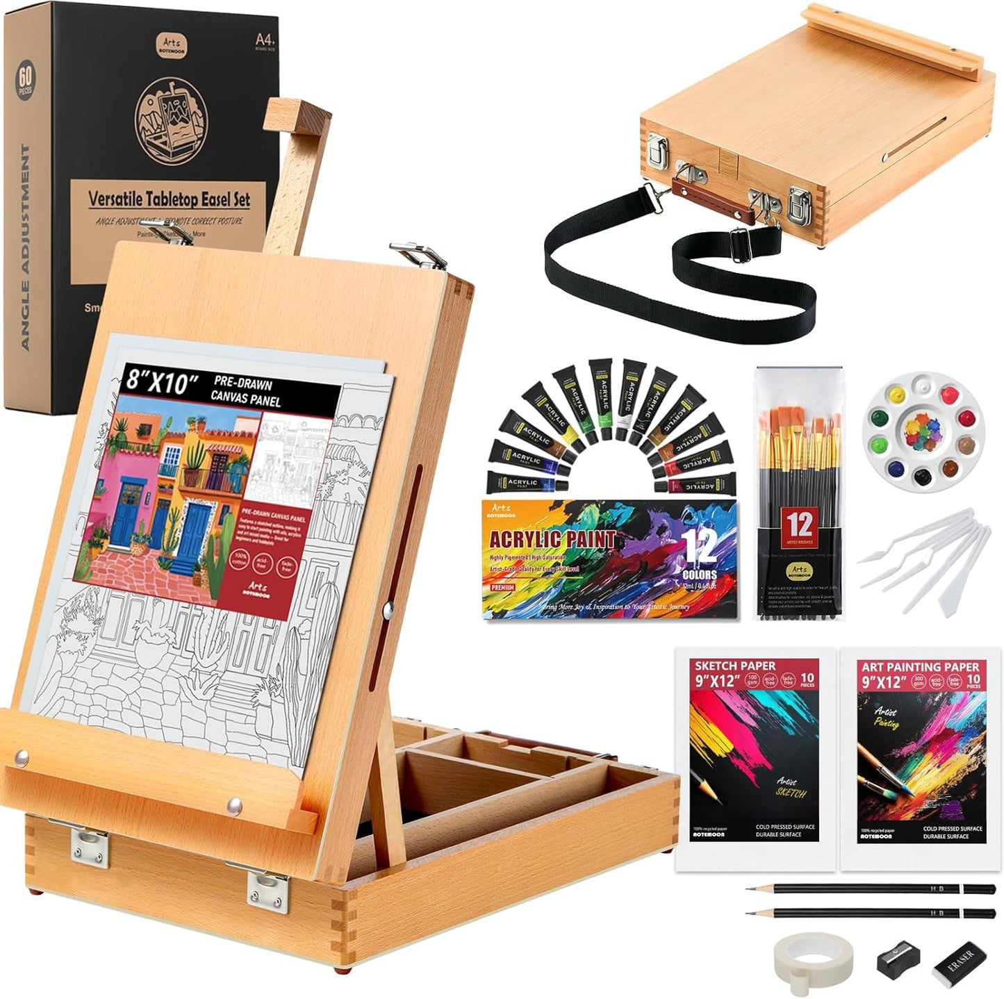 Beechwood Tabletop Easel for Painting, Portable Adjustable Sketchbox Art Easel Stand with Detachable Shoulder Strap for Beginners and Art Lovers