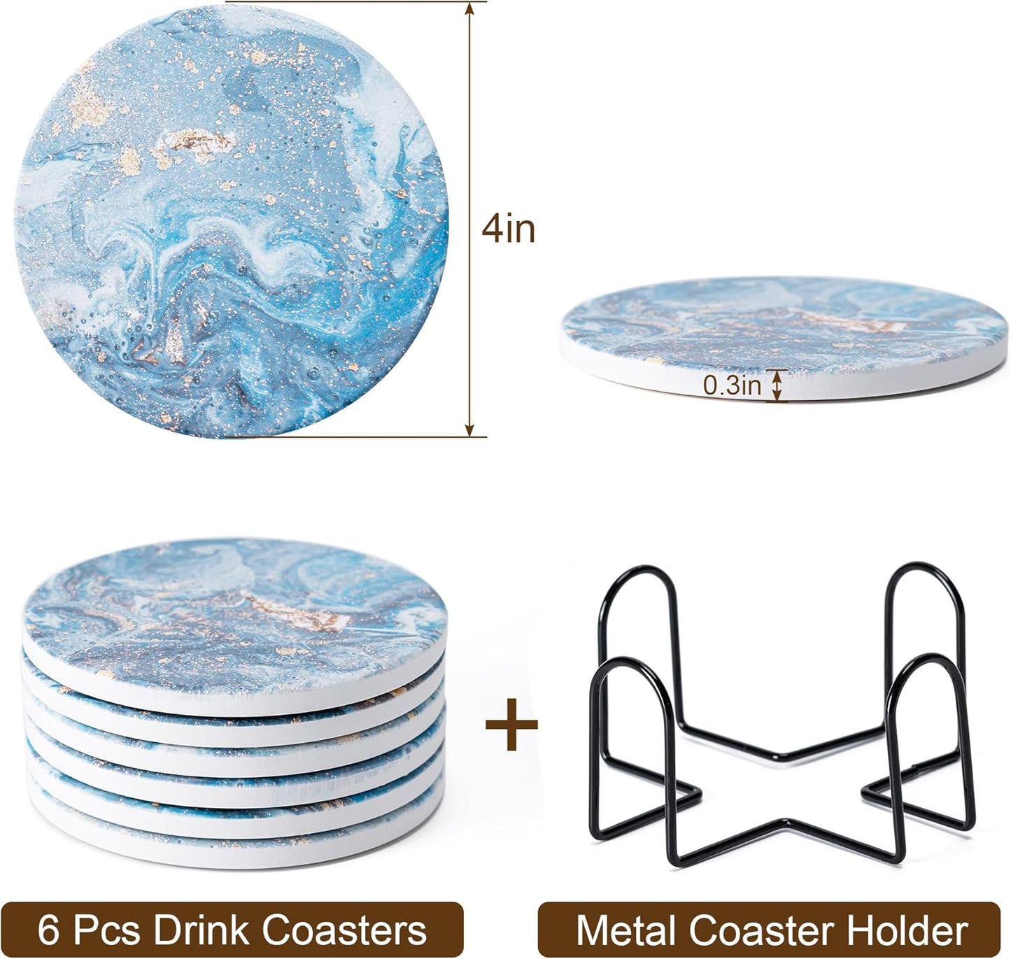 6Pcs Drink Coasters with Holder, Marble Style Ceramic Drink Coaster, Absorbent Coasters Set Suitable for Kinds of Cups, Modern Style Coaster for Coffee Table, 4 Inches